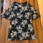 Studio One  Dress 12 Black Off White Shift Lace Embroidered Lined Poet Sleeves Photo 0