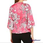 Nine West V-neck blouse 3/4 slv pink tulip black white floral magnolia springs Photo 1