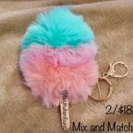 W Pink & Mint Fuzzy Ice Cream Pom Pom Keychain Photo 3