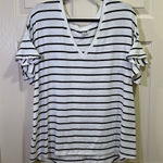 A New Day  V-Neck Ruffle Sleeve Shirt Top Size XXL White Black Stripe Photo 0