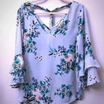 Seven Sisters Light Blue Floral Blouse Ruffle Sleeve SzM‎ Photo 0