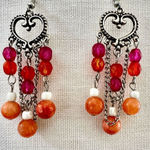Orange pink white beaded heart dangling earrings Photo 0