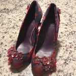 Tory Burch Tory‎ Burch Floral Satin Elmira Wedge Heels Red Navy Flower Embellished Size 7M Photo 2