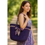 Purple Straw Woven Purse Handbag Tote With Scarf Handles Zip Top Lined Bow Photo 1