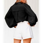 BTFBM Women’s M Black Satin Button Down Shirt Lantern Long Sleeve Office Casual Size M Photo 1