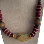 Vintage Chunky Wood Bead Disc Necklace Multiple Shapes Multicolor Western Boho Brown Photo 0