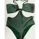 Aerie Shine Cut Out Halter One Piece Swimsuit NWT Dark Algae Green Glitter Photo 0
