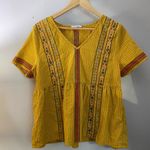 THML  Anthro Short Sleeve Yellow Embroidered Striped Boho Babydoll Top Size Large Photo 1