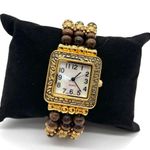 Japan Movt Mother of Pearl Face w/ Wooded & Gold tone Beads Stretch Watch Brown Photo 0