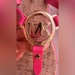 Michael Kors Hot Pink Jelly T-Strap Cork Thong Sandals Gold MK Logo 7M Used Photo 8