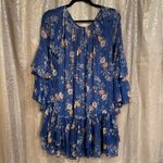 Free People  Navy Blue Floral Sheer Sunsetter Bell Sleeve Mini Dress Small Photo 2