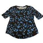 Rebecca Taylor  Kyoto Floral Black Blue Floral Short Sleeve Linen Round Neck Top Photo 1