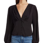 frame denim Frame Black Empire Pleat Silk Long Sleeve V Neck Top Blouse Size Medium NWT Photo 0