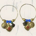 Boho Dangle Hoop Earrings Bronze Gold Tone Rust Blue Charms Festival Jewelry Photo 0