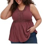Torrid Babydoll Top Womens 1XL Dusty Rose Textured Jersey Lace Up V Neck Boho Photo 0