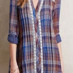 Anthropologie  Holding Horses Navy Blue & Orange Plaid Lace Trim High Low Dress L Photo 0