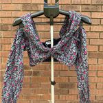 Lovers + Friends Pearl Puff Sleeve Crop Top Off Shoulder Blue Multi Floral Small Photo 3