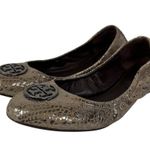 Tory Burch Metallic Gray Textured Suede Heidi Scrunch Ballet Flats Size 8 Photo 0