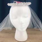 T&G VINTAGE 90's (39in) White Faux Pearl Crystal Wire Beaded Bridal Halo Veil Photo 0