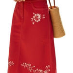 Anthropologie OILILY Red With Floral White Embroidered Cotton Skirt Size 38 Photo 0