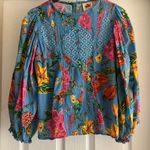 Farm Rio Toucans Lace Inset Balloon Sleeve Cotton Blouse in Blue Photo 4