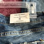 ZARA WomenPremium Denim Jeans Size 4 Red Feather Embroidered Distressed Raw Hem Photo 3