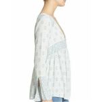 Free People  Rolling Hills Green & White Bell Sleeve V-Neck Blouse with Keyhole Photo 4