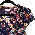 Parker π Floral Silk A-Line V Neck Dress π Scalloped Ruffles π Navy π XS Photo 4