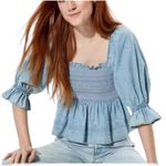 American Eagle Denim Chambray Peplum Top Smocked Embroidered Size Small Photo 0