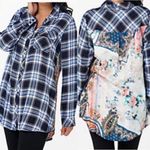 Tolani Collection Plaid Floral Paisley Tab Sleeve Button Down Tunic: Blue Photo 1