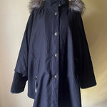The Fur Vault Black Cape Jacket Silver Fox Trim Hood Made in Greece Size 44 Photo 0