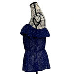 One Clothing  Los Angeles Navy Blue Crane Print Sheer Peplum Blouse Women’s L Photo 3