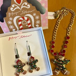 Betsey Johnson  Gingerbread Cookie Christmas Necklace Earrings Set Rhinestone Bow Photo 0