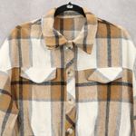 None Brown Crop Flannel Plaid Shacket Jacket Button Up Long Sleeve Western Utility XL Photo 2