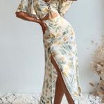 ZARA Linen Flutter Sleeve Cutout Floral Midi Dress Yellow Floral Lace up Small Photo 0