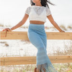 Pink Lily CLOVER FIELDS BLUE FRINGE HEM KNIT MAXI SKIRT Photo 0