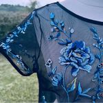 White House | Black Market Black Mesh and Blue Floral Embroidered Short Sleeve Top Photo 11