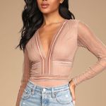 Lulus Casita Beige Sheer Lace Long Sleeve Bodysuit Photo 0