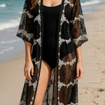 None Women's Kimono Embroidered Mesh Sheer Crochet Beach Boho Coastal Goth Hippie L Photo 0