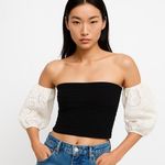 ZARA  Black White Off the Shoulder Puff Sleeve Bandeau Tube Knit Crop Top Size S Photo 0