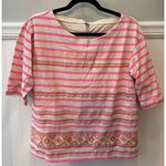 J.Crew Women's Top Stitchwork Striped Cream Pink Embroidered Elbow Sleeves Med. Photo 0