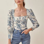 Reformation 💕💕 Stilton Linen Top  Pompadour Blue White Floral Bird Print 2 NWT Photo 0