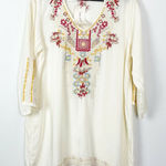 Solitaire NWT  Woman's Sz S Embroidered Cream Long Sleeve V Neck Tunic‎ Blouse Photo 0