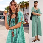 Free People  Bohemian Embroidered Gingham Seersucker Cass Maxi Dress Green Medium Photo 1