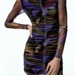 ZARA Multicolor Mesh Sheer Floral Ruched Long Sleeve Mini Bodycon Dress Size S Photo 4
