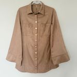 Free People  Ari Faux Suede Long Shirt Dress Gold Button Front Flare Sleeve Sz XS Photo 1