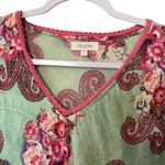 Velzera Mini Dress Tunic Green Pink Paisley Crochet Fringe Bell Sleeves SZ LG Photo 2