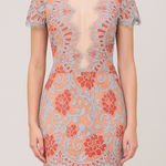 Storia Lace Mini Dress Floral Coral Blue Illusion‎ Neckline Party Cocktail Photo 0