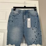 Neon Blonde Denim Skirt Star Details Distressed Hem NWT Blue Size 6 Photo 3