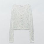 ZARA Women's Floral Print Knit V Neck Long Sleeve Crop Top White Blue Size Small Photo 2